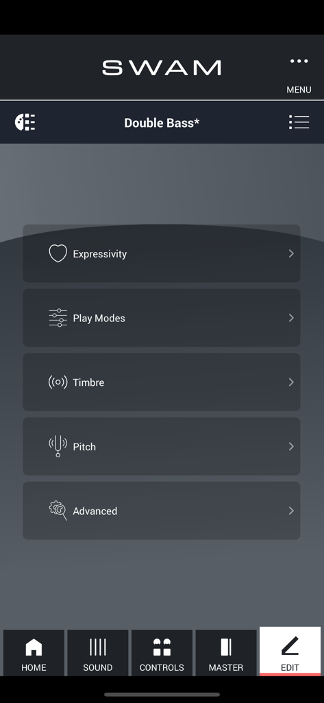 The edit menu of the SWAM Double Bass app showing sound parameters for expressivity and timbre