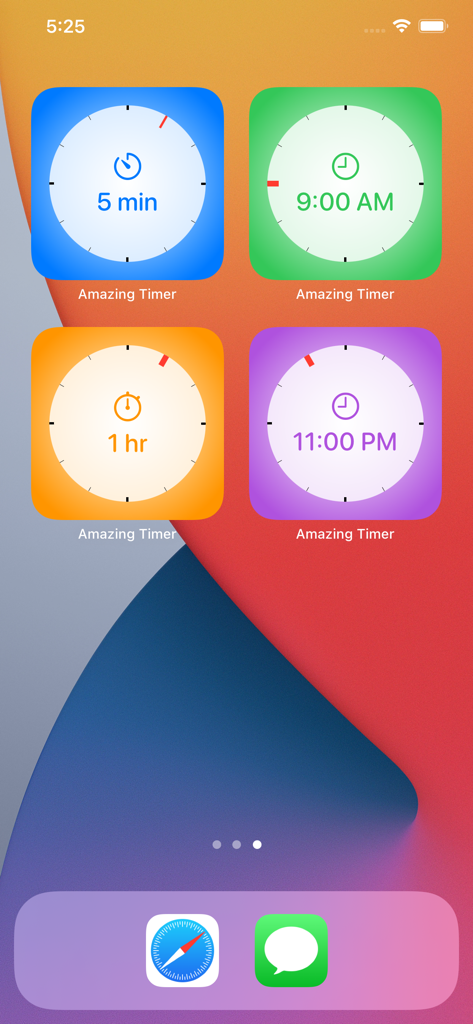 VoyTimer: Talking Voice Timer - Widgets coloridos de iPhone para VoyTimer que muestran temporizadores de duración y hora de finalización.