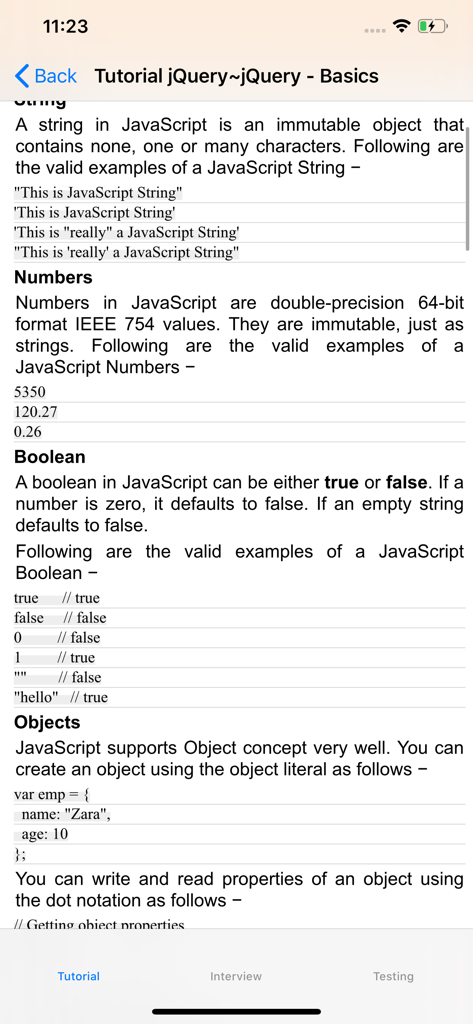 Tutorial for jQuery - jQueryチュートリアルページ。文字列や数値などのJavaScriptデータ型について説明しています。