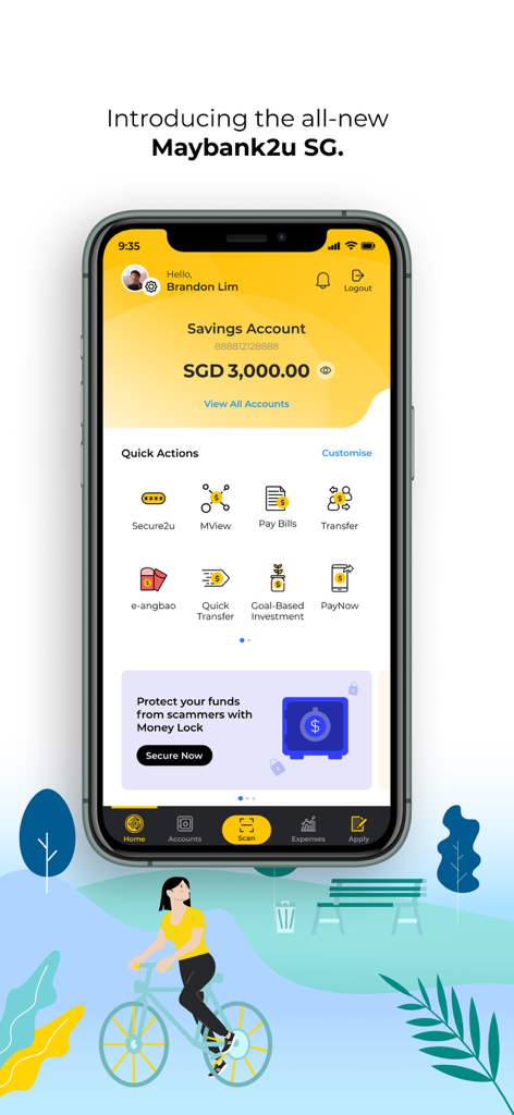 Panel de la aplicación de banca móvil Maybank2u SG mostrando el saldo de la cuenta e iconos de acción rápida