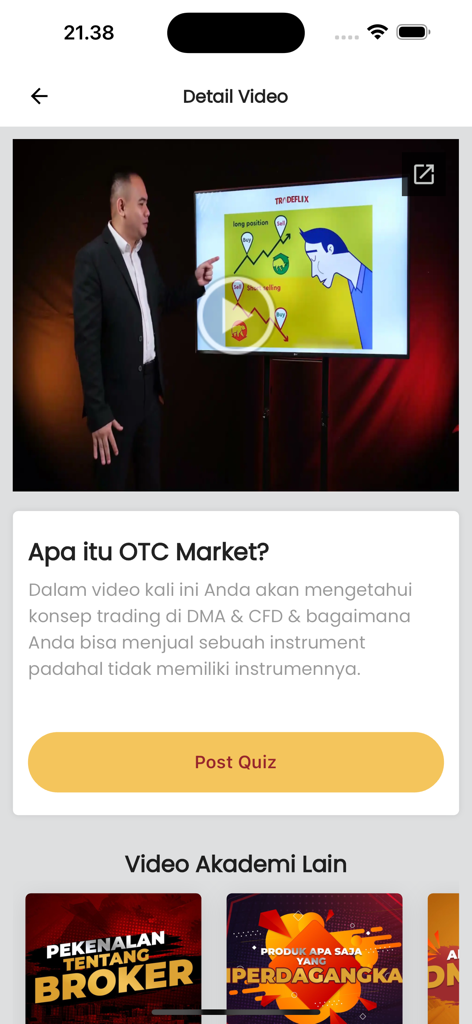 Orbi Trade App - Screenshot of the Orbi Trade App Academy showing a video lesson on OTC markets with a quiz button.
