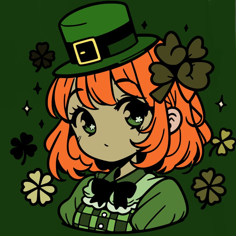 a manga-style girl with clovers around her, a little hat in her hair, like it's saint patrick's day