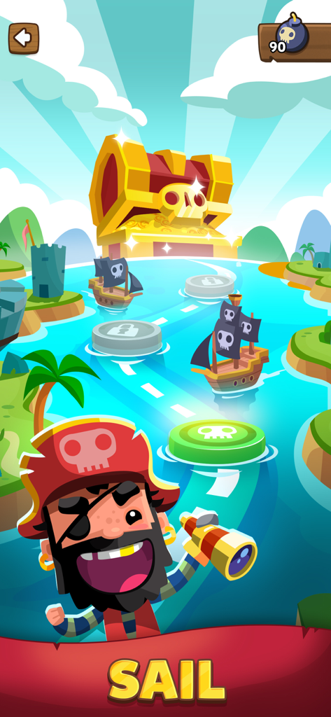 A cartoon pirate holding a telescope on an island adventure map with a large golden treasure chest