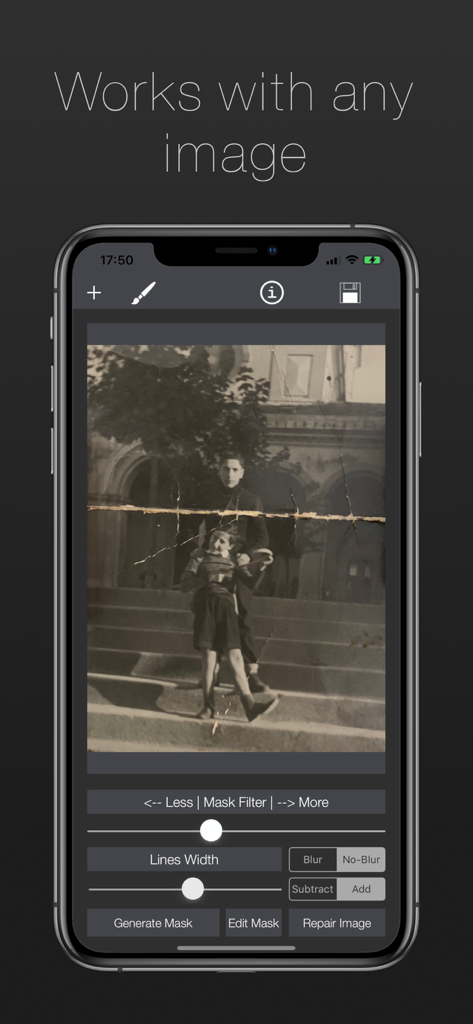 Damaged Photo Restore & Repair - A mobile app interface showing the process of repairing a torn vintage black and white photograph