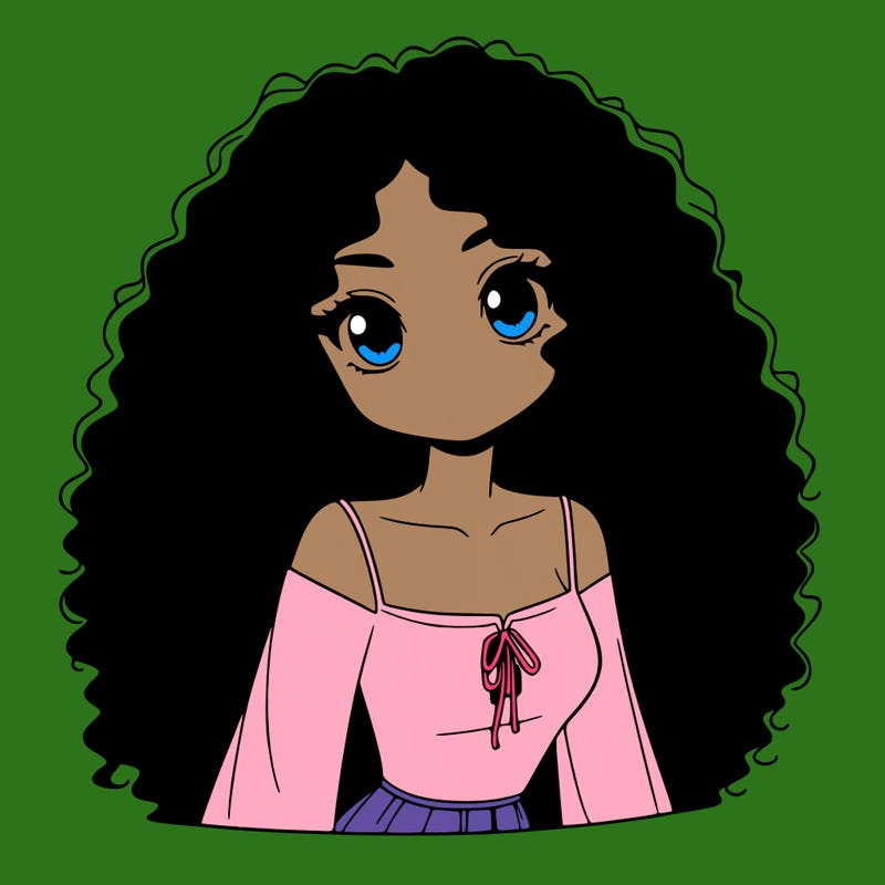 a black anime girl with long afro hair