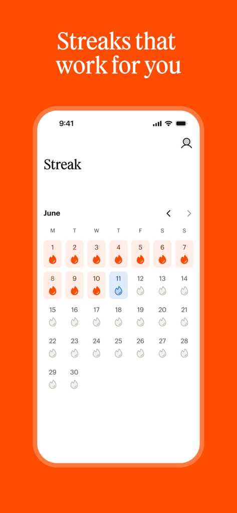 L'interface de l'application Babbel affiche un calendrier mensuel avec des icônes de flamme représentant une série quotidienne d'apprentissage linguistique.