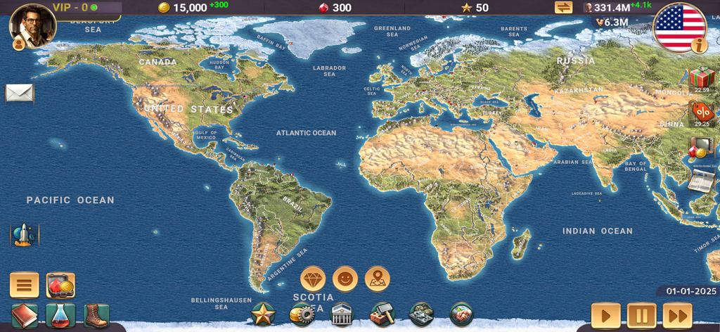 MA 3 – President Simulator - Weltkarten-Oberfläche in Modern Age 3 President Simulator, die globale Territorien und strategische Spieldaten zeigt