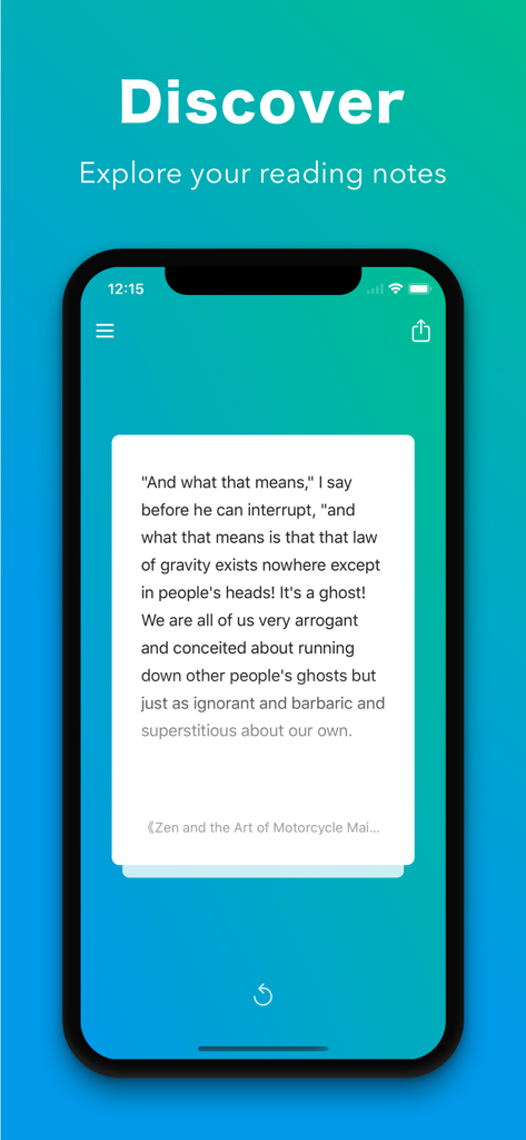 A mobile phone displaying the Discover screen of the Shelfie app with a book quote on a card.