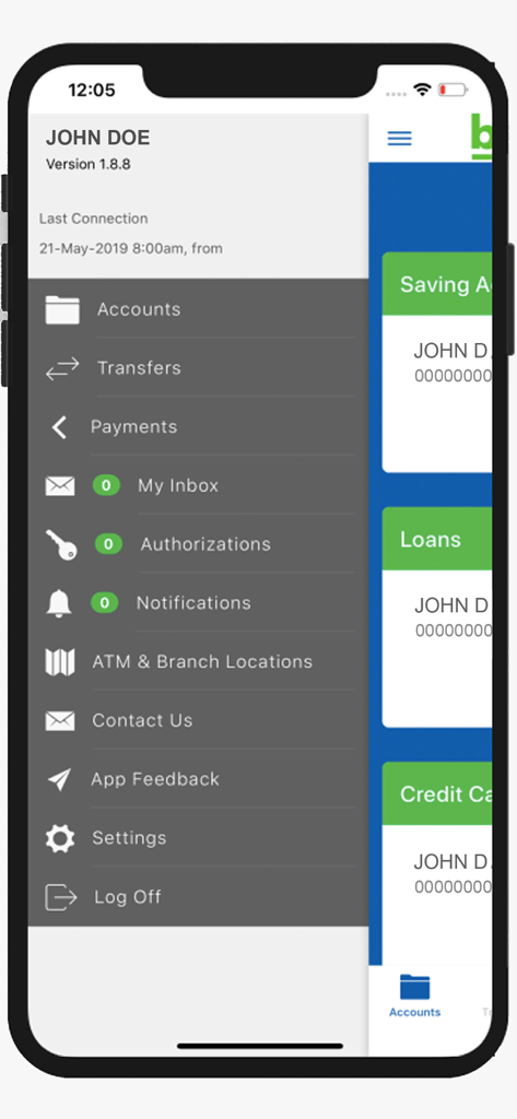 Belize Bank Mobile Banking - Side menu drawer in the Belize Bank mobile banking app showing navigation links