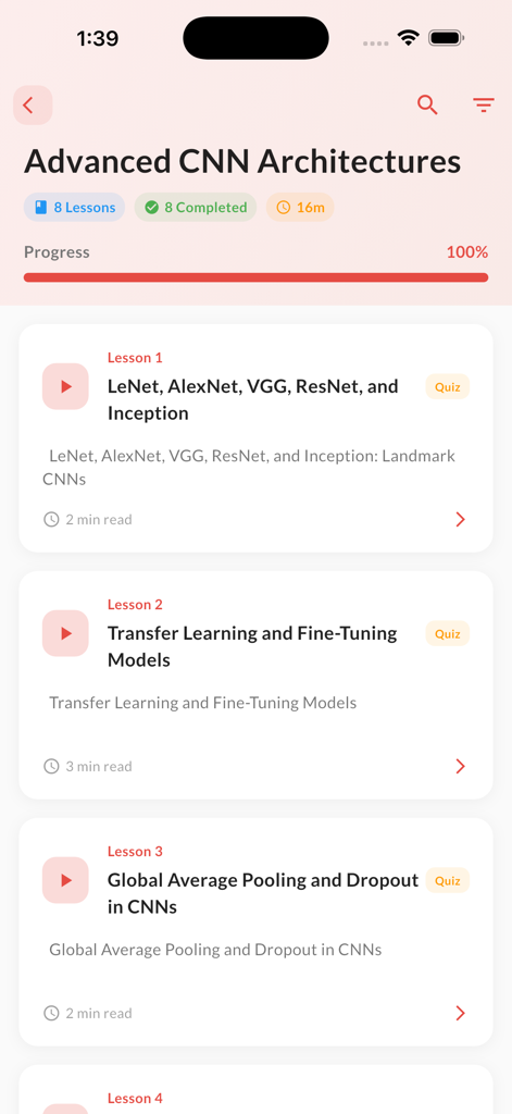 Learn Deep Learning with Ai - Une liste de leçons sur les architectures CNN avancées dans l'application Learn Deep Learning affichant la progression du cours et les options de quiz.