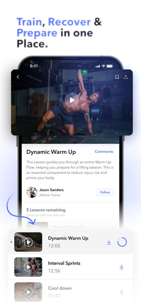 APX Academy - APX Academy app interface showing a dynamic warm up video lesson and a list of workout programs