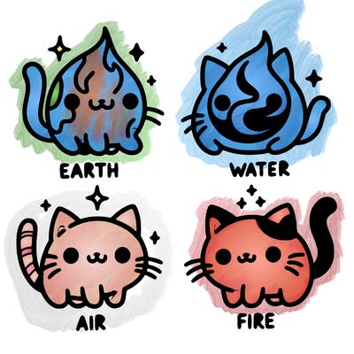 4 cats that represent the different elements, earth, water, air, and fire