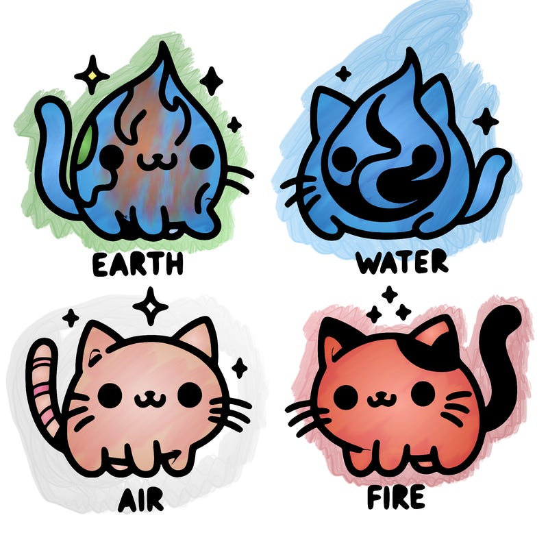4 cats that represent the different elements, earth, water, air, and fire