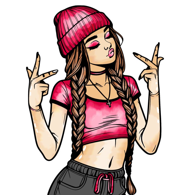 realistic teenage girl with braids and a beanie and crop top doing 🫶🏼
