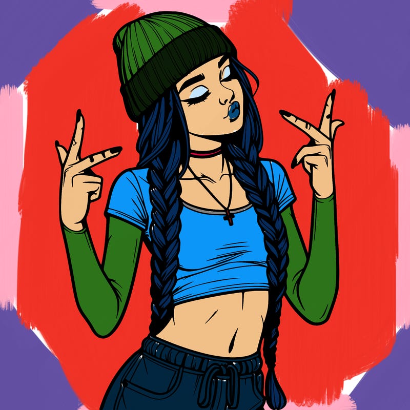 realistic teenage girl with braids and a beanie and crop top doing 🫶🏼