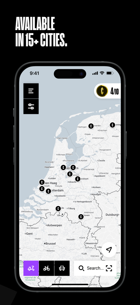 Check app map showing availability in over 15 cities across the Netherlands