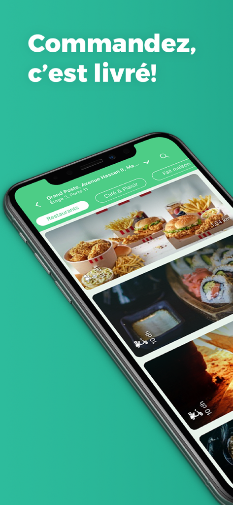 Screenshot of Kaalix mobile app showing food delivery options like sushi and fried chicken