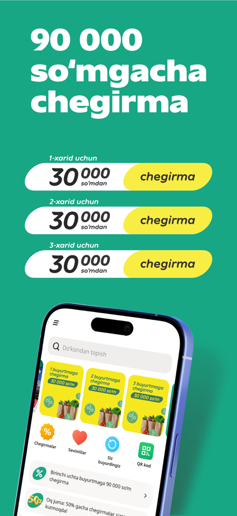 Écran de promotion de l'application de livraison de produits alimentaires Korzinka Go montrant une remise promotionnelle de 90 000 som répartie sur les trois premières commandes