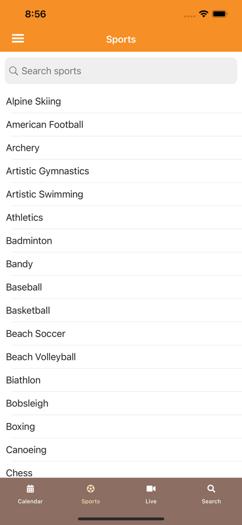 All Sport DB Live - All Sport DB Liveアプリで、検索可能なスポーツカテゴリのリストが表示されたモバイル画面。