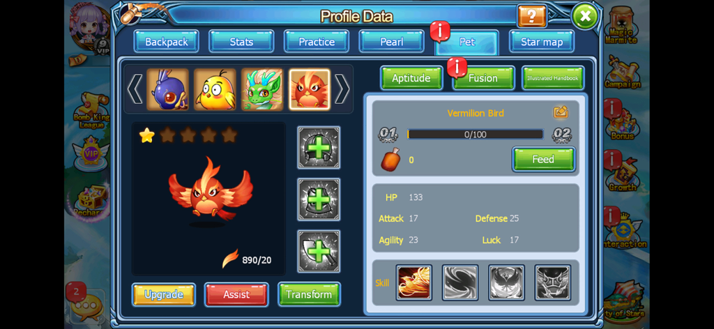 In-Game-Screenshot des Haustier-Menüs in Bomb Me English, der einen Scharlachroten Vogel mit seinen Statistiken und Upgrade-Optionen zeigt.