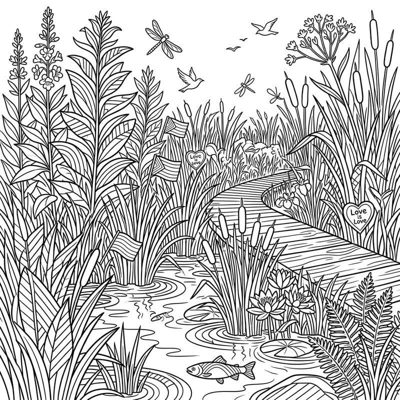 Immerse yourself in the beauty of a freshwater marsh reimagined with the vibrant spirit of Pride Month. This intricate coloring page combines lush natural scenery with heartfelt symbols of love and diversity.