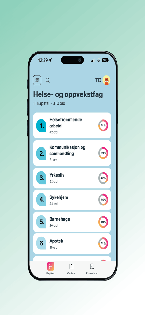 KLAR - KLAR app screen displaying health and social care language learning chapters