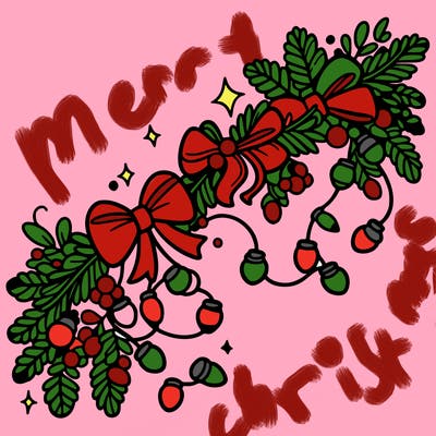 christmas garland: decorated with lights and ribbons..simple vector art