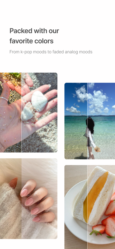 BerryFilm - Korean Style Cam - Before and after comparison of soft Korean style photo filters for lifestyle and food.