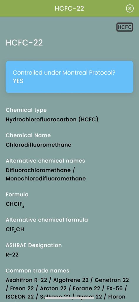 What GasアプリでのHCFC-22冷媒の詳細化学プロファイル。モントリオール議定書への準拠とASHRAE指定R-22が表示されます。