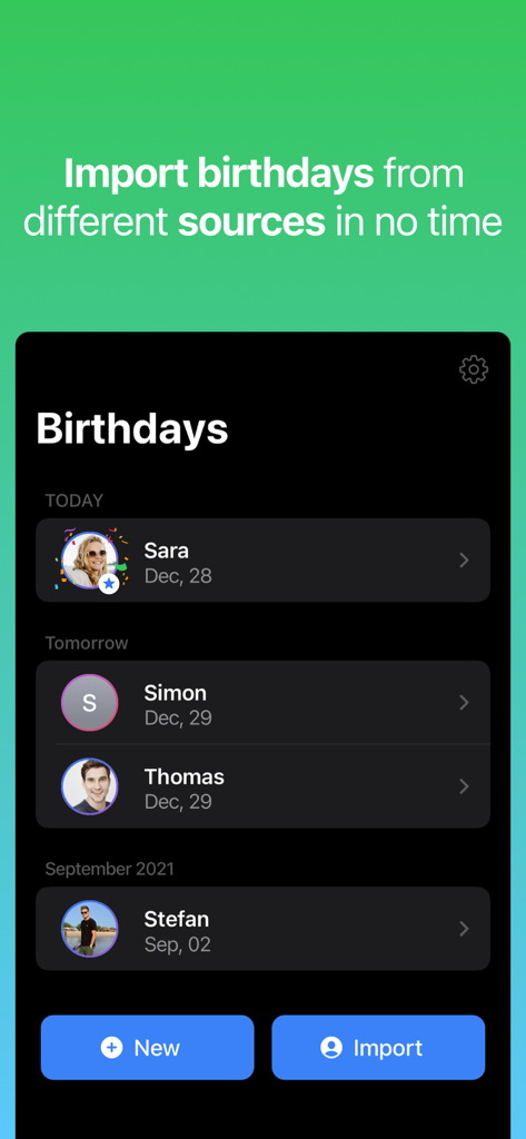 Birthday Countdown app interface displaying a list of upcoming birthdays for contacts with an import button
