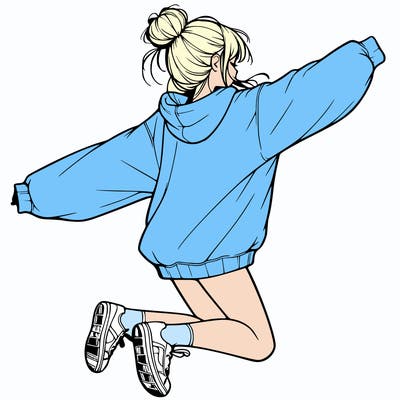 realistic girl jumping with a bun and oversized sweatshirt