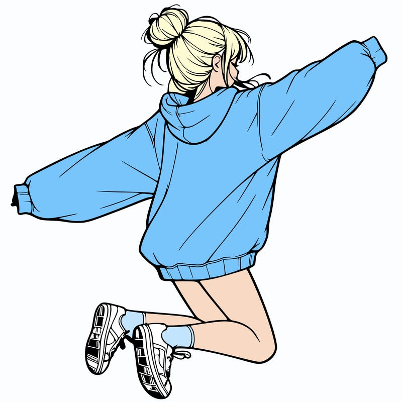 realistic girl jumping with a bun and oversized sweatshirt