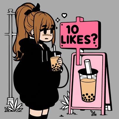 girl with oversized hoodie drinking boba and she has a high ponytail with a sign that says 10likes?