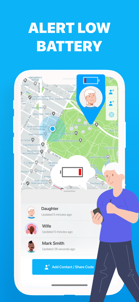 Find My Friends App-Bildschirm mit einer Warnmeldung für niedrigen Batteriestand für einen Familienkontakt auf einer Karte
