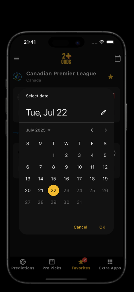 A mobile phone screen displaying the 2+ Odds Predictions app with a calendar date picker overlay for selecting match predictions by date.