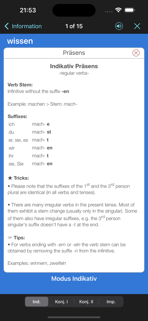 Grammar explanation of German regular verb conjugation in the present indicative tense