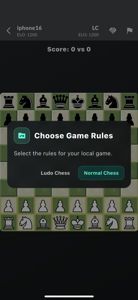 Ludo Chess: Roll the Dice - A mobile screen showing a pop up menu to choose between Ludo Chess and Normal Chess game rules over a digital chessboard