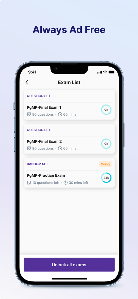 PgMP Exam Simulator - Captura de pantalla de iPhone de la aplicación Simulador de Examen PgMP que muestra una lista de exámenes de práctica y finales disponibles con seguimiento del progreso