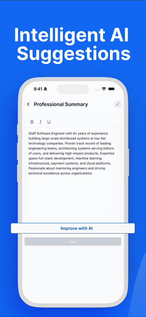 Resume Builder: ResumeHero - Schermata dell'app mobile che mostra suggerimenti AI per migliorare il riassunto professionale di un curriculum