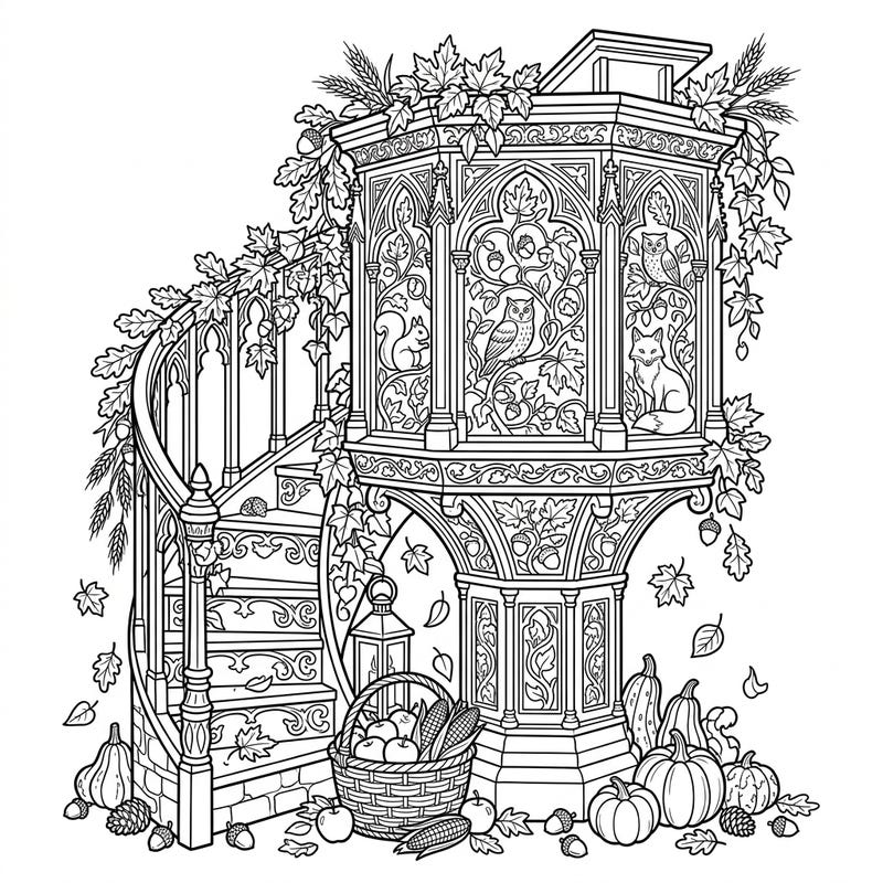 Step into a serene autumn scene with this exquisite cathedral pulpit coloring page. Intricately designed with falling leaves, harvest elements, and charming woodland animals, it offers a deeply satisfying and creative escape.