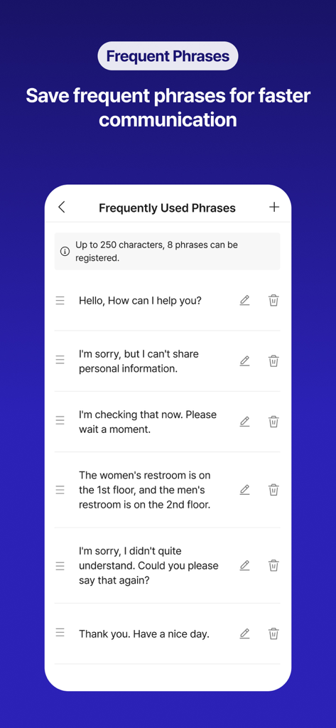 The Flitto Chat Translation app interface showing a list of saved frequently used phrases for efficient professional communication.