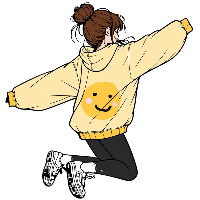 realistic girl jumping with a bun and oversized sweatshirt
