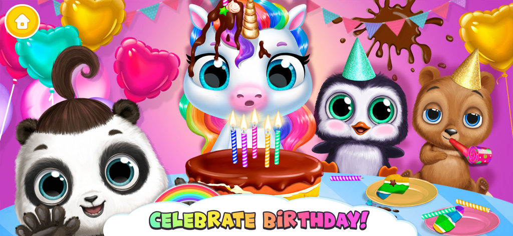 Baby unicorn and cute animal friends celebrating a birthday with a chocolate cake and balloons