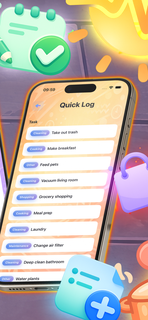 Chiko Jango - Mobile screen of Chiko Jango app showing a list of household chores in the Quick Log view.