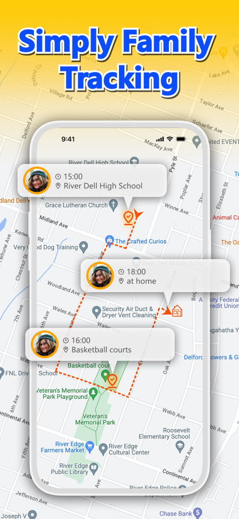 Find my Friends: Phone Tracker - Interfaz de la aplicación de rastreo familiar que muestra el historial de ubicaciones diarias en un mapa con marcas de tiempo para las canchas de baloncesto de la escuela y el hogar