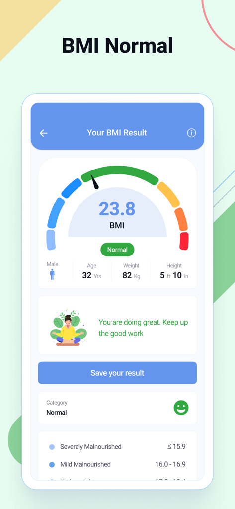 BMI Calculator- Weight Monitor - Una pantalla móvil que muestra un resultado de IMC normal de 23.8 con un indicador de salud y detalles del usuario.