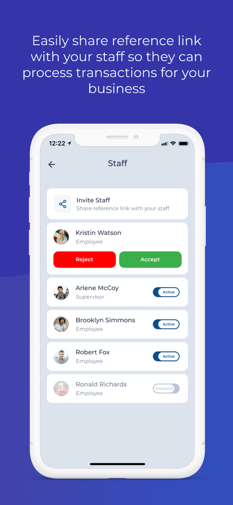 E-kyash Business - E-kyash Business 앱 직원 관리 화면 (직원 목록 및 초대 버튼 포함)