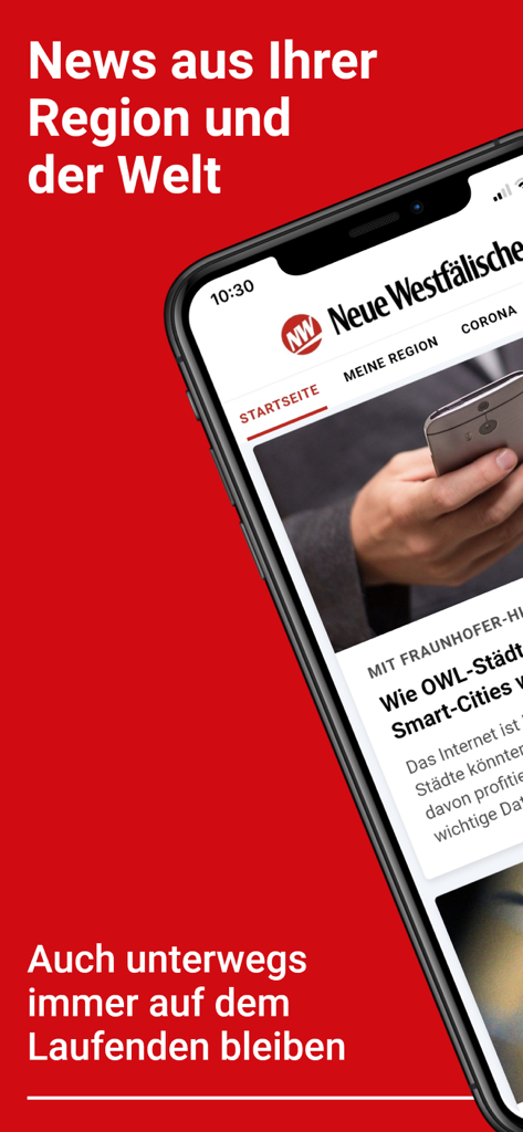 NW News - Smartphone affichant l'application d'actualités Neue Westfaelische avec des gros titres d'actualités locales allemandes