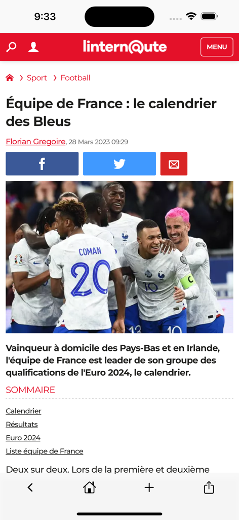 Capture d'écran de l'application d'actualités Linternaute montrant un article sur le calendrier de l'équipe de football nationale française.