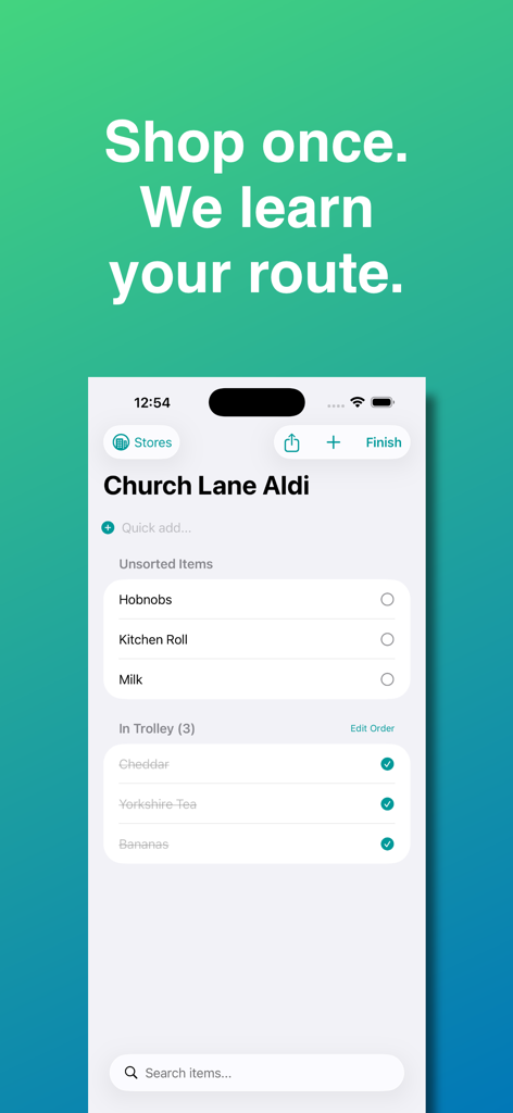 The Grocery Flow app interface showing a shopping list for Aldi and the text Shop once We learn your route.